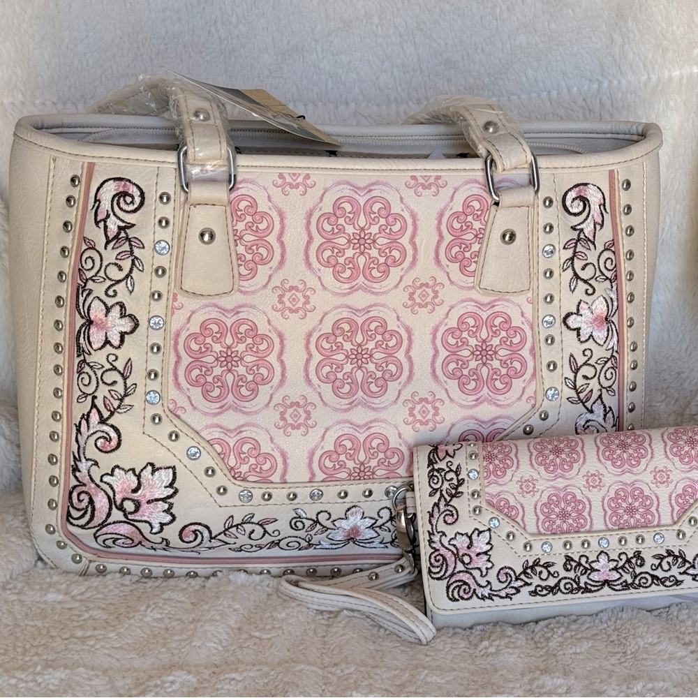 Montana West Pink and Cream Shoulder Bag with Geometric Design